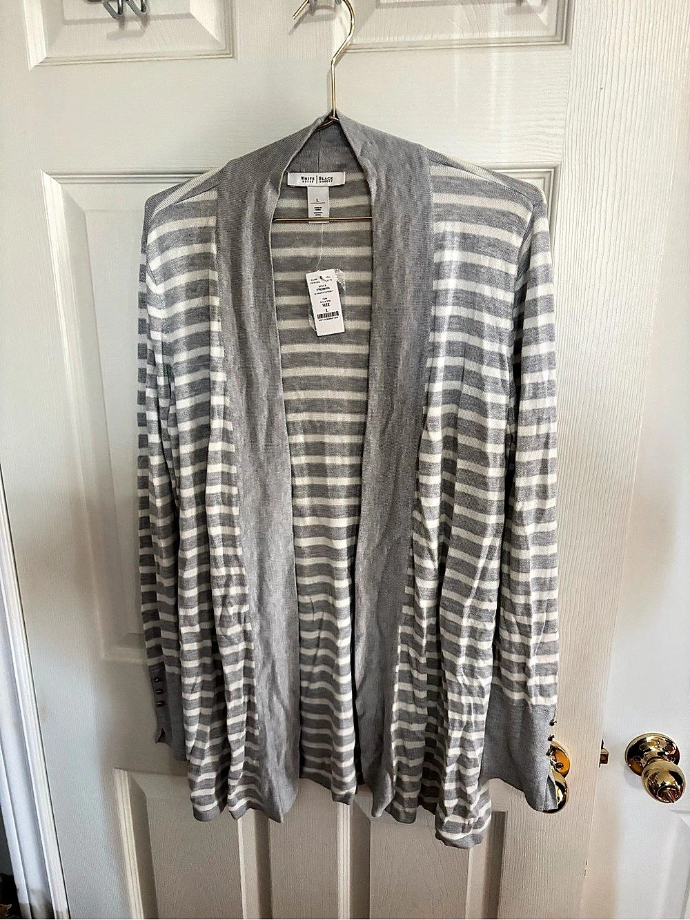 White House Black Market Striped Open Front Cardigan Gray & White Large